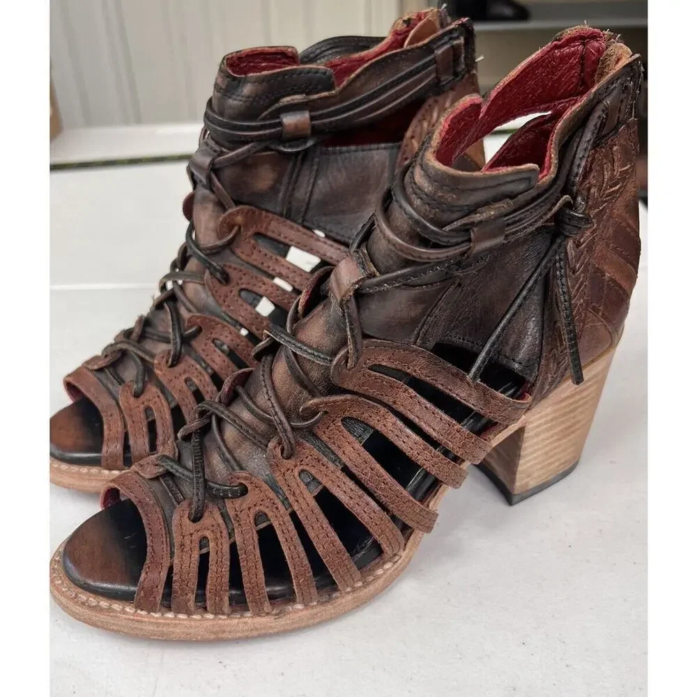 Freebird By Steven Wazee Leather Sandal Heel Booties Womens Size 7 Distressed - Picture 3 of 15